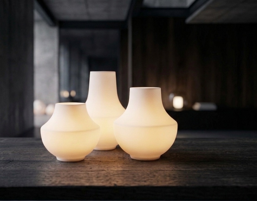 casting: drei leuchtende Windlichter vor dunklem Hintergrund